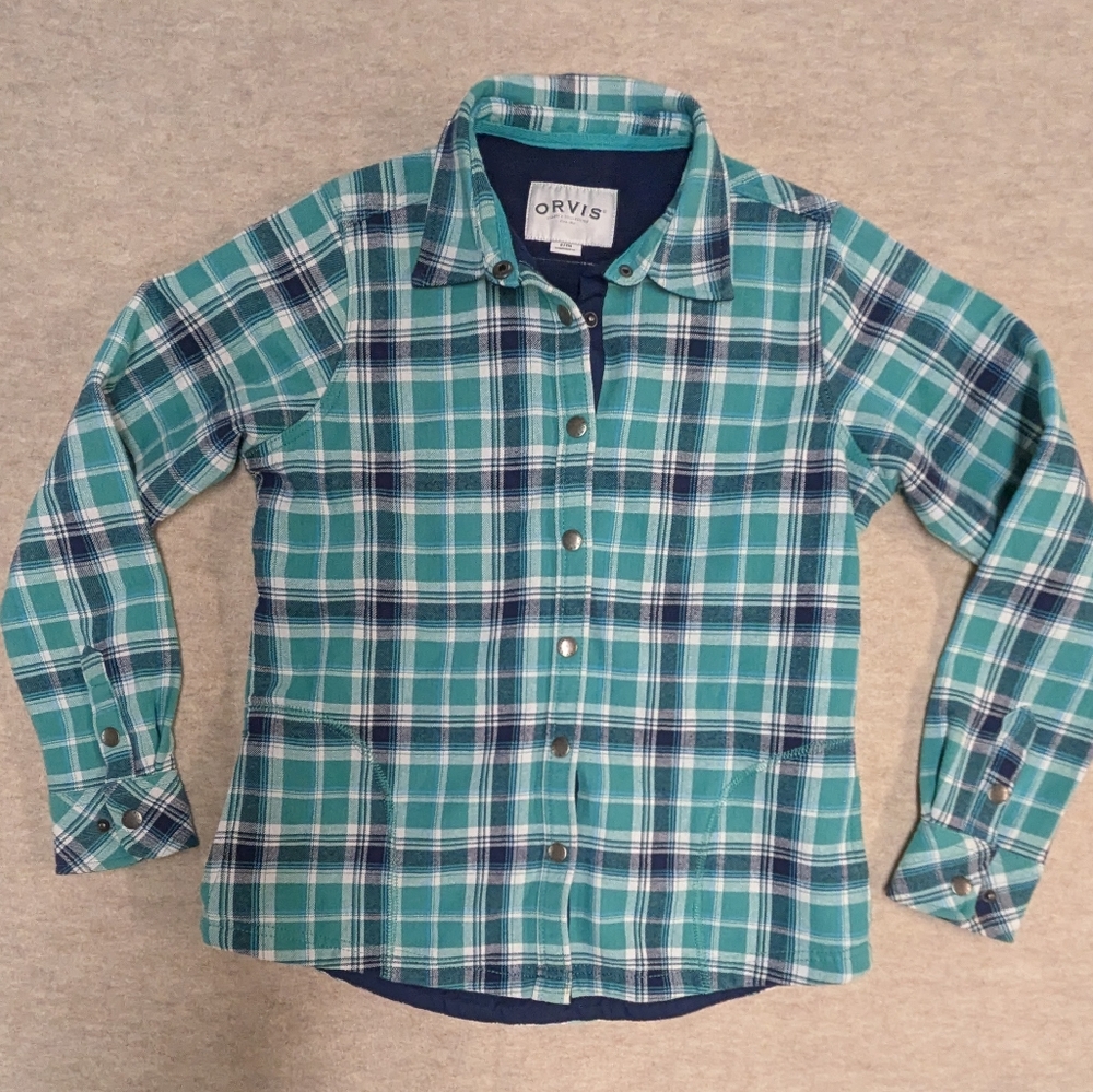 Orvis Teal & Navy Plaid Utility Chore Jacket Shacket Metal Snaps Pockets Size S